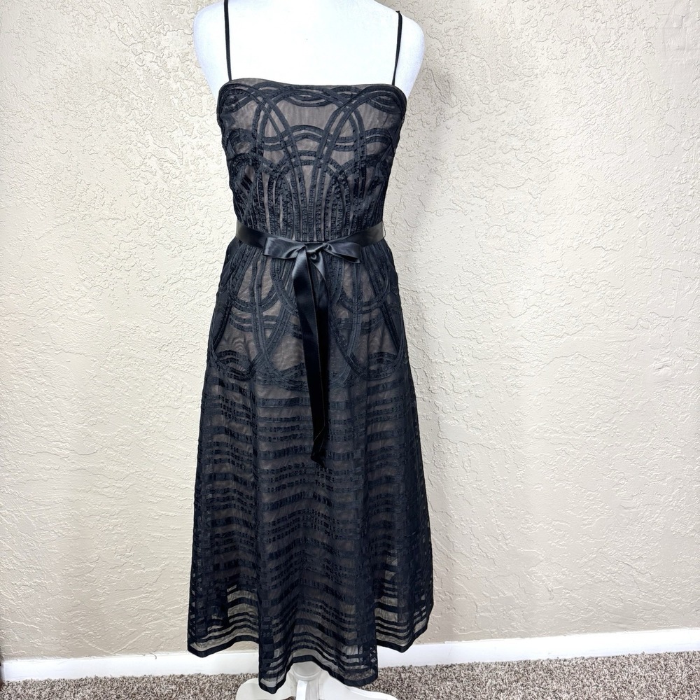 BCBG MAXAZRIA Black Embroidered Tulle Midi Cocktail Dress Sz‎ 0 Goth HOCO Formal
